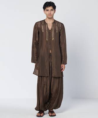 Dark olive brown embroidered chanderi silk kurta pant set 1