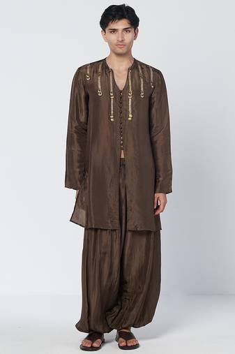 Dark olive brown embroidered chanderi silk kurta pant set