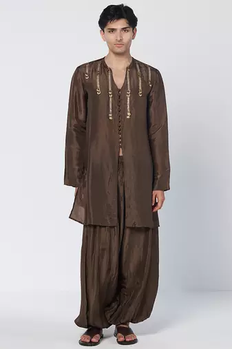 Dark olive brown embroidered chanderi silk kurta pant set