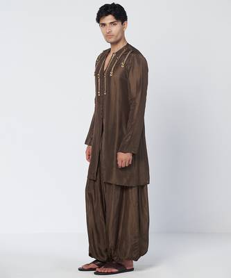 Dark olive brown embroidered chanderi silk kurta pant set 2