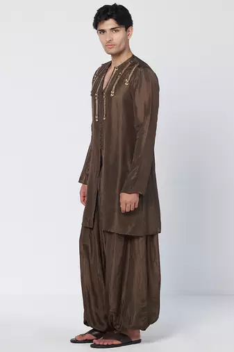 Dark olive brown embroidered chanderi silk kurta pant set