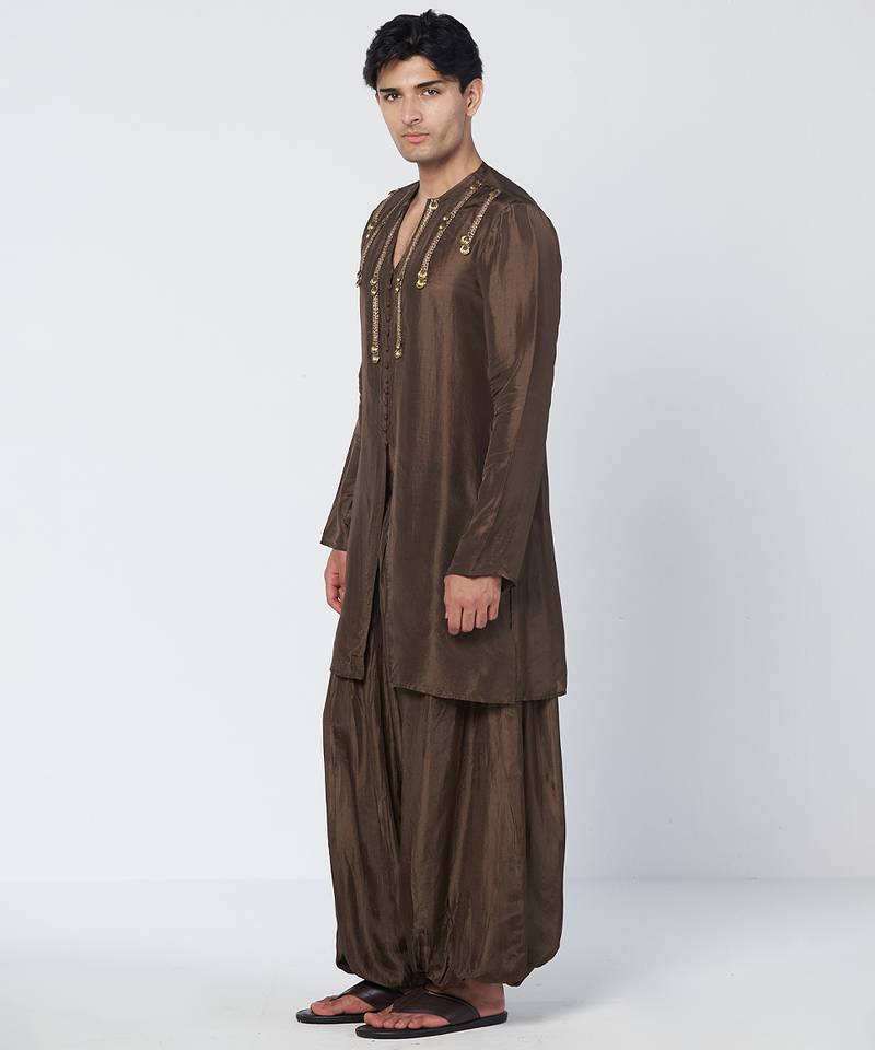 Dark olive brown embroidered chanderi silk kurta pant set
