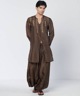 Dark olive brown embroidered chanderi silk kurta pant set 3
