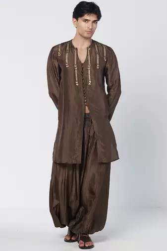 Dark olive brown embroidered chanderi silk kurta pant set