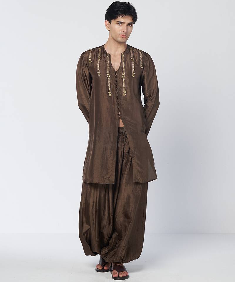 Dark olive brown embroidered chanderi silk kurta pant set