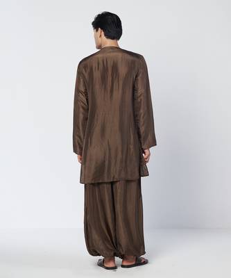 Dark olive brown embroidered chanderi silk kurta pant set 4