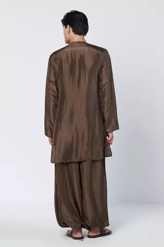 Dark olive brown embroidered chanderi silk kurta pant set