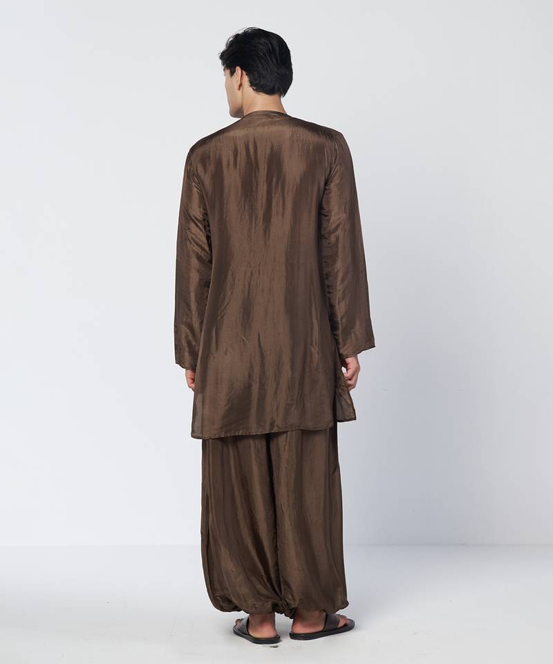 Dark olive brown embroidered chanderi silk kurta pant set