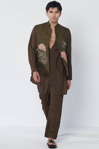 Dark olive green and brown embroidered dupion silk kurta jacket set