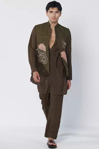 Dark olive green and brown embroidered dupion silk kurta jacket set