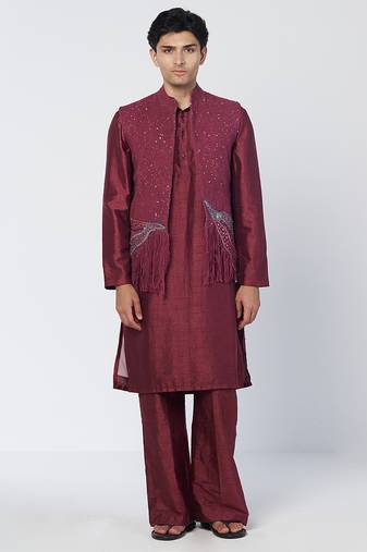 Burgundy embroidered chanderi silk kurta jacket set