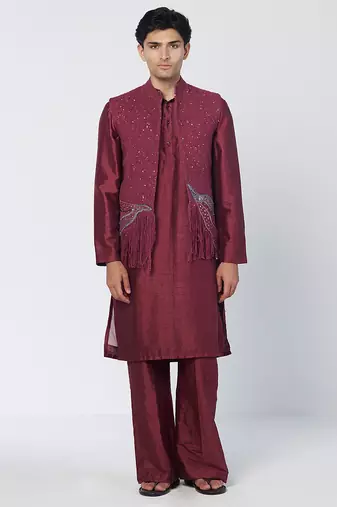 Burgundy embroidered chanderi silk kurta jacket set