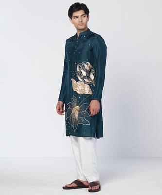 Teal embroidered silk chanderi kurta and pant set 1