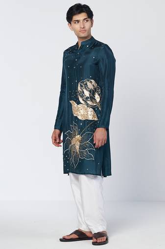 Teal embroidered silk chanderi kurta and pant set
