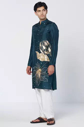 Teal embroidered silk chanderi kurta and pant set