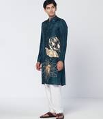 Teal embroidered silk chanderi kurta and pant set