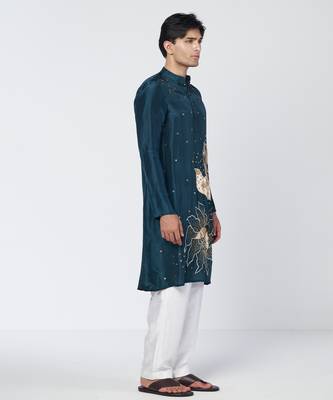 Teal embroidered silk chanderi kurta and pant set 2