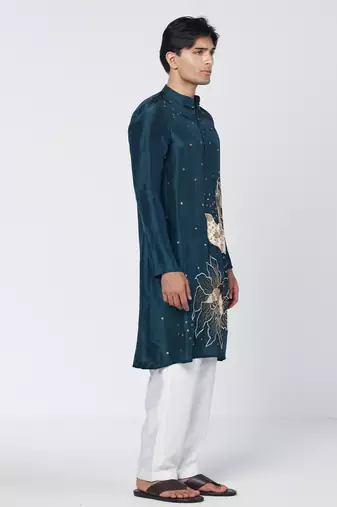 Teal embroidered silk chanderi kurta and pant set