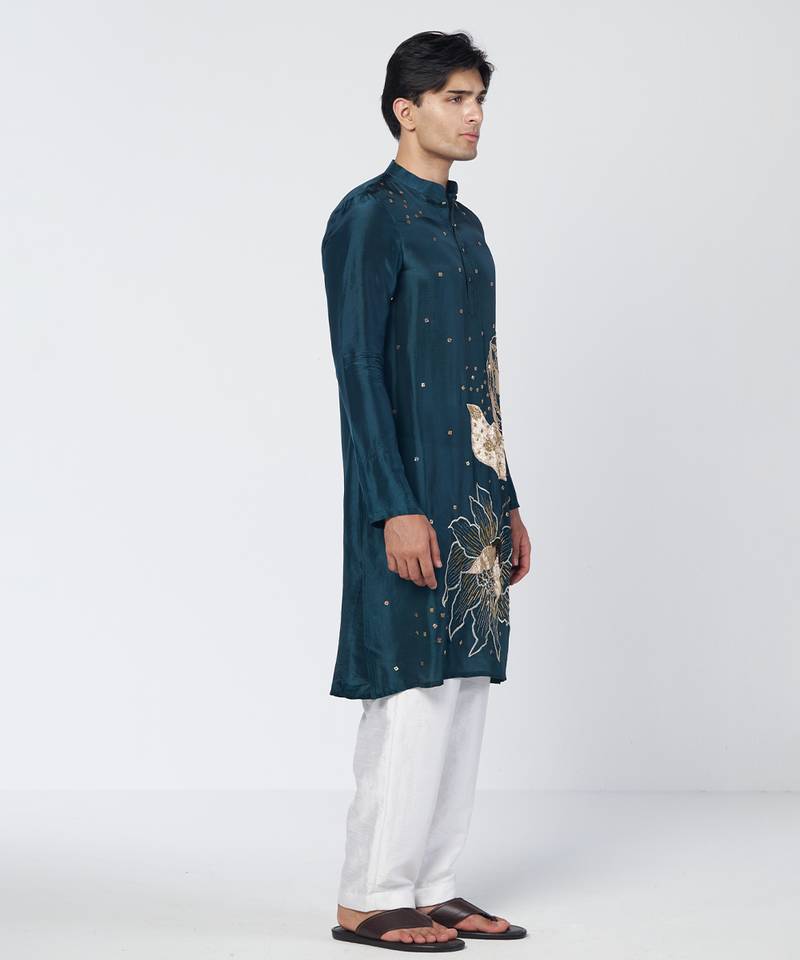Teal embroidered silk chanderi kurta and pant set