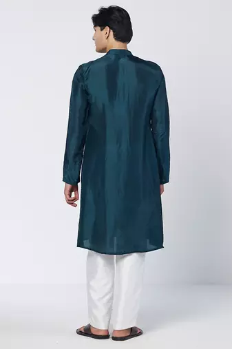 Teal embroidered silk chanderi kurta and pant set