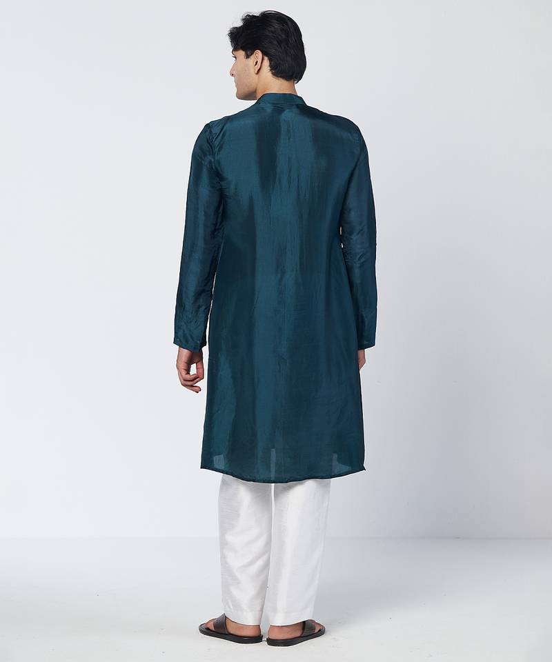Teal embroidered silk chanderi kurta and pant set