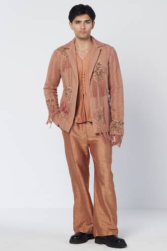 Copper biscoff embroidered raw silk kurta jacket set