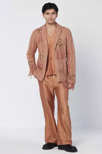 Copper biscoff embroidered raw silk kurta jacket set