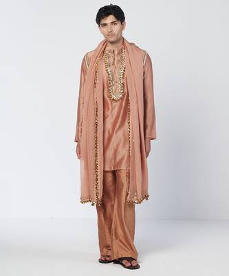 Copper biscoff embroidered chanderi silk and organza kurta pant with dupatta stole 1