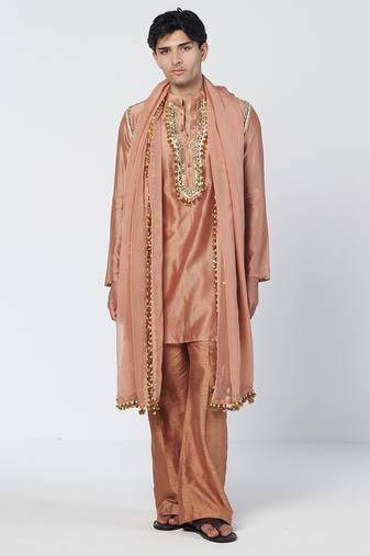 Copper biscoff embroidered chanderi silk and organza kurta pant with dupatta stole