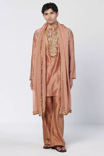 Copper biscoff embroidered chanderi silk and organza kurta pant with dupatta stole