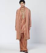 Copper biscoff embroidered chanderi silk and organza kurta pant with dupatta stole