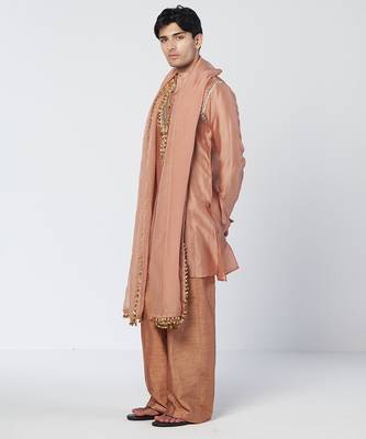 Copper biscoff embroidered chanderi silk and organza kurta pant with dupatta stole 2