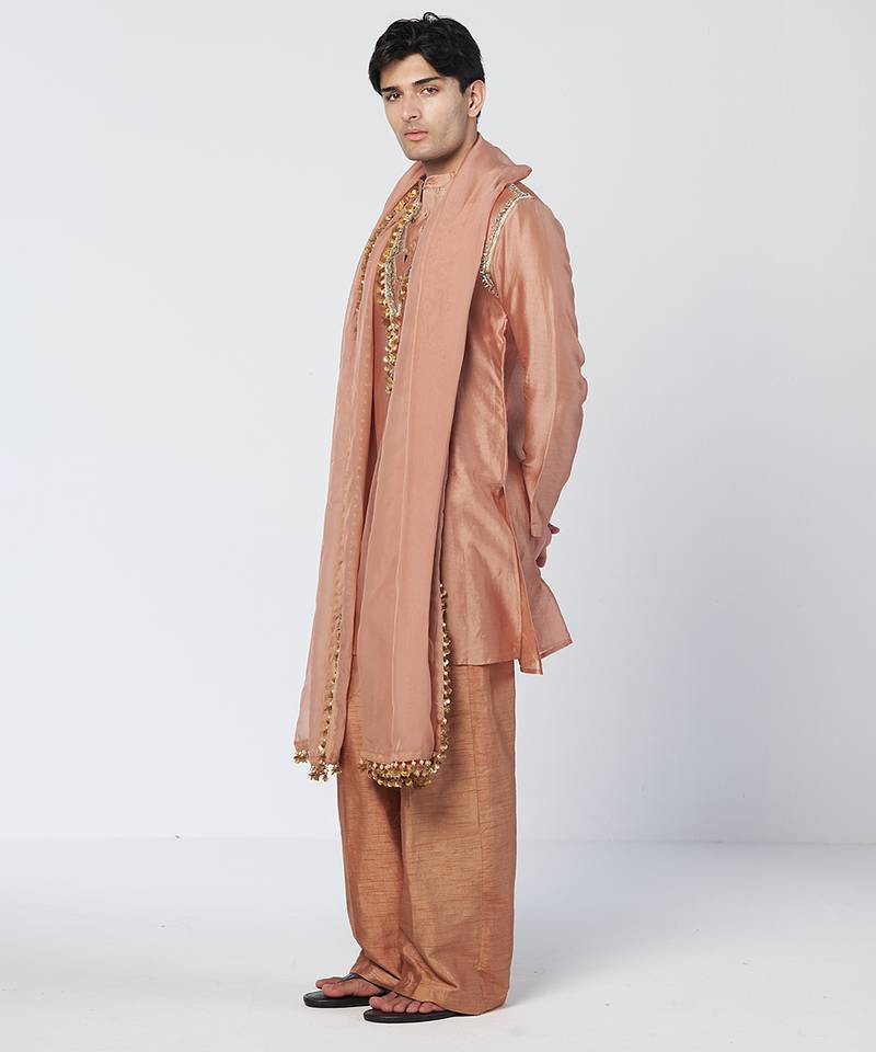 Copper biscoff embroidered chanderi silk and organza kurta pant with dupatta stole