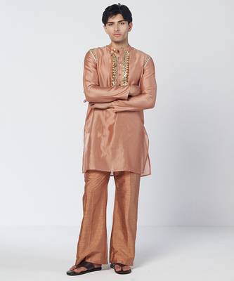 Copper biscoff embroidered chanderi silk and organza kurta pant with dupatta stole 3