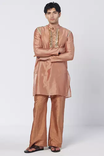 Copper biscoff embroidered chanderi silk and organza kurta pant with dupatta stole
