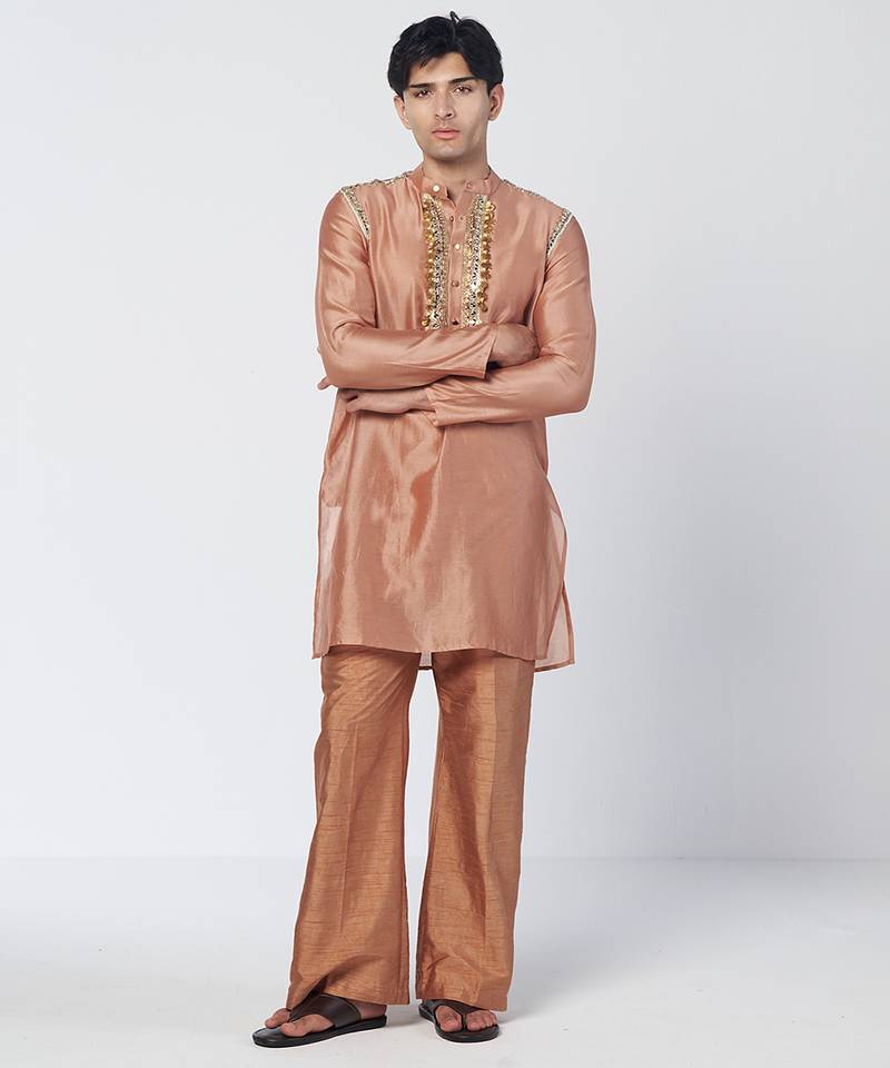 Copper biscoff embroidered chanderi silk and organza kurta pant with dupatta stole
