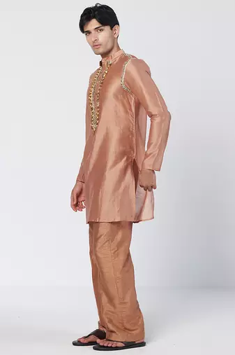 Copper biscoff embroidered chanderi silk and organza kurta pant with dupatta stole