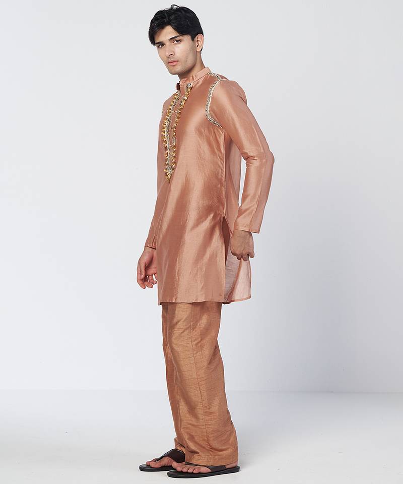 Copper biscoff embroidered chanderi silk and organza kurta pant with dupatta stole