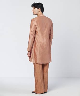 Copper biscoff embroidered chanderi silk and organza kurta pant with dupatta stole 5