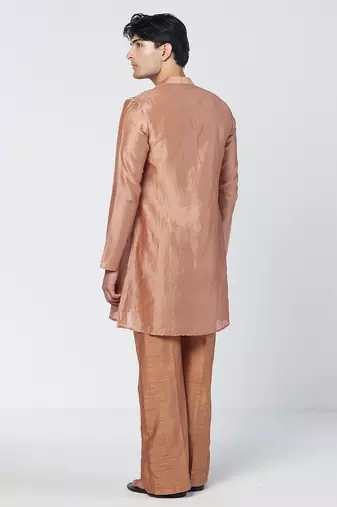 Copper biscoff embroidered chanderi silk and organza kurta pant with dupatta stole