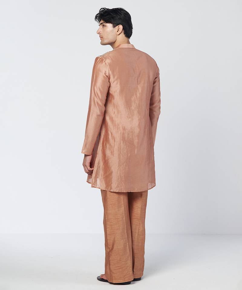 Copper biscoff embroidered chanderi silk and organza kurta pant with dupatta stole