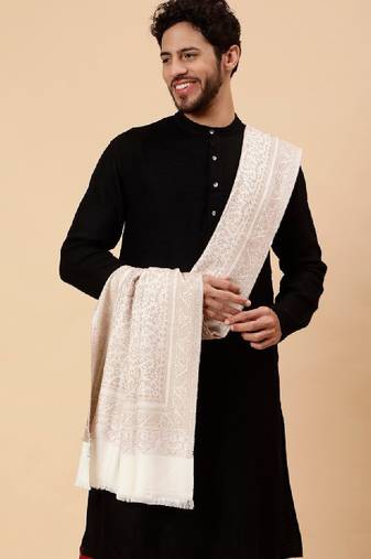 Men woven design fringed acrylic wool shawl