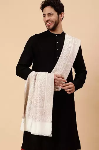 Men woven design fringed acrylic wool shawl
