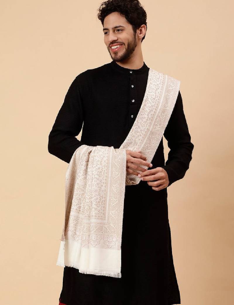 Men woven design fringed acrylic wool shawl