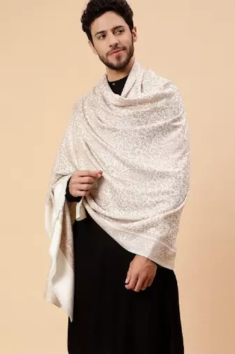 Men woven design fringed acrylic wool shawl