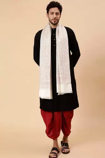 Men woven design fringed acrylic wool shawl