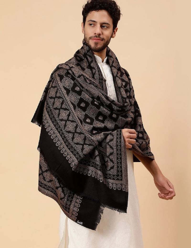 Geometric woven design acrylic & woollen shawl