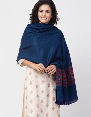 Women blue solid woven design shawl 1