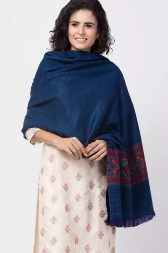 Women blue solid woven design shawl