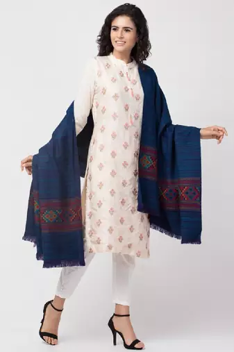 Women blue solid woven design shawl